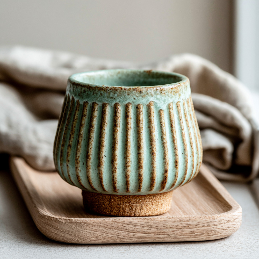 EMBERHOLD Ribbed Greenish-Gray Cup — Texture, and the smallest pour