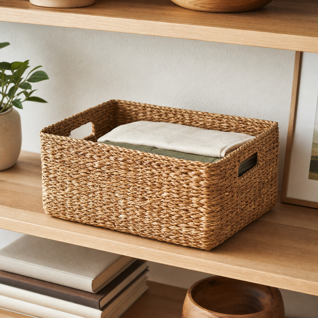 A handwoven seagrass basket sitting on an open wooden shelf holding folded cloth in a calm, sunlit Japandi room