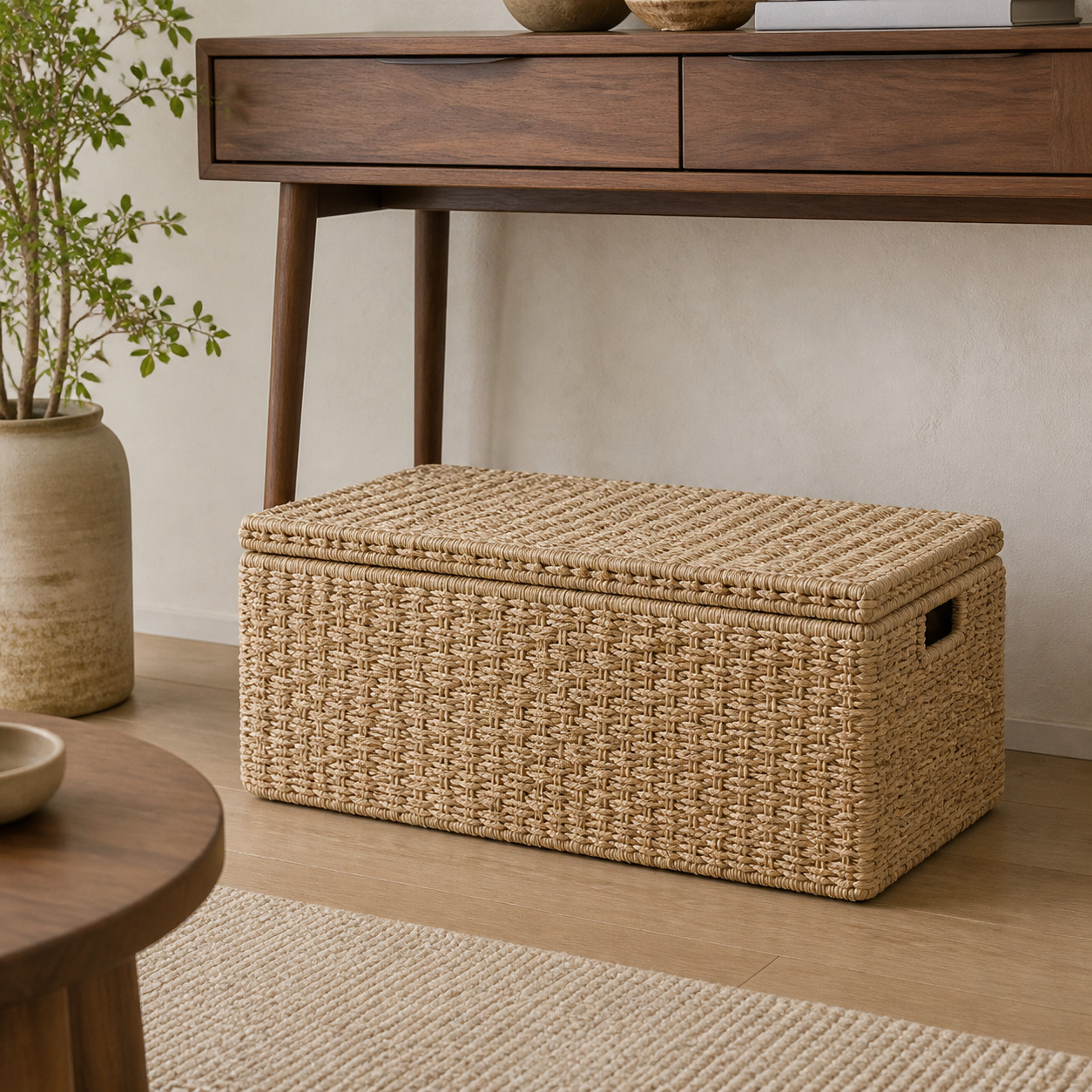 A lidded seagrass basket resting on a light oak floor against a plaster wall in a serene Japandi bedroom corner
