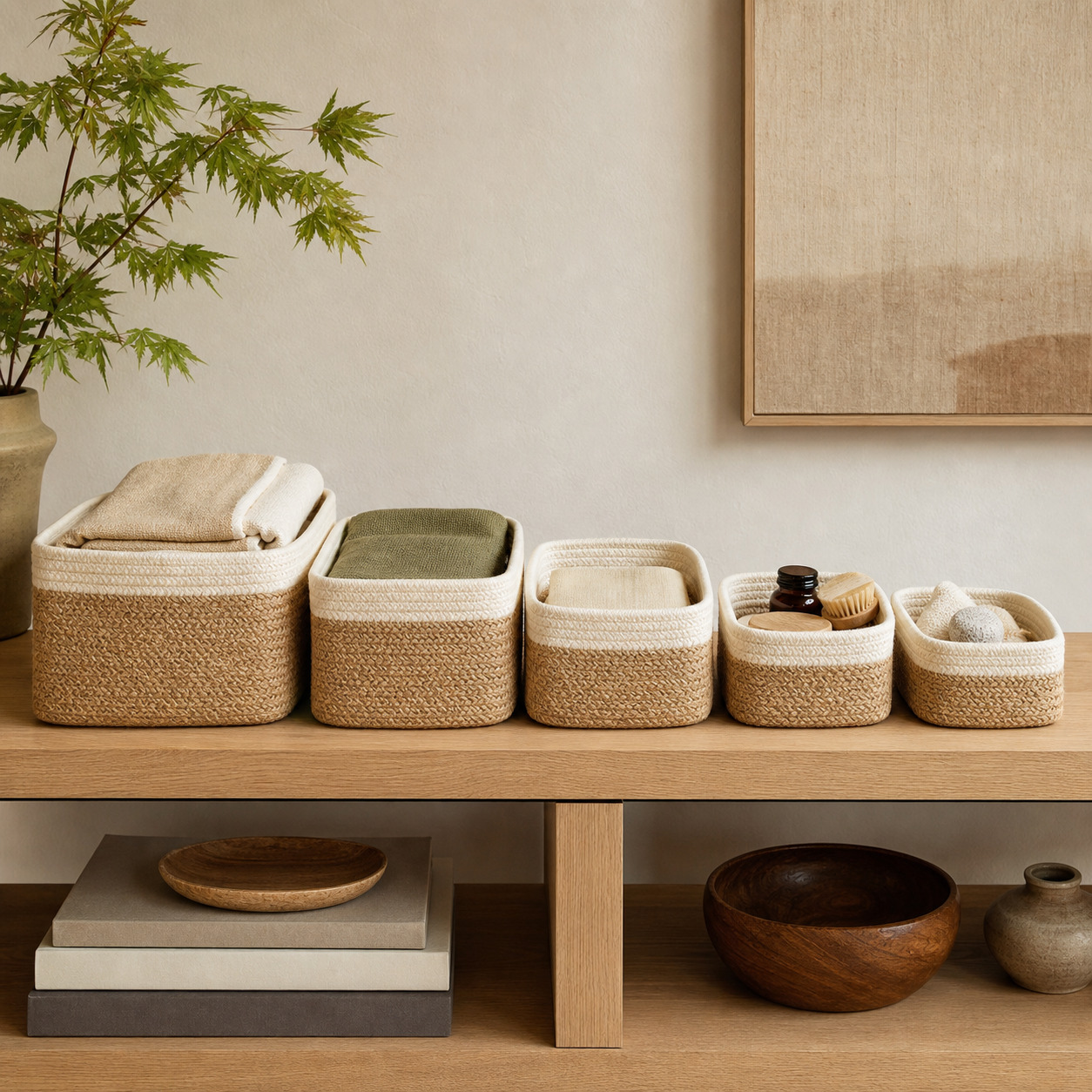 A set of small woven jute baskets lined up on a shelf holding folded cloth in a warm, orderly Japandi room