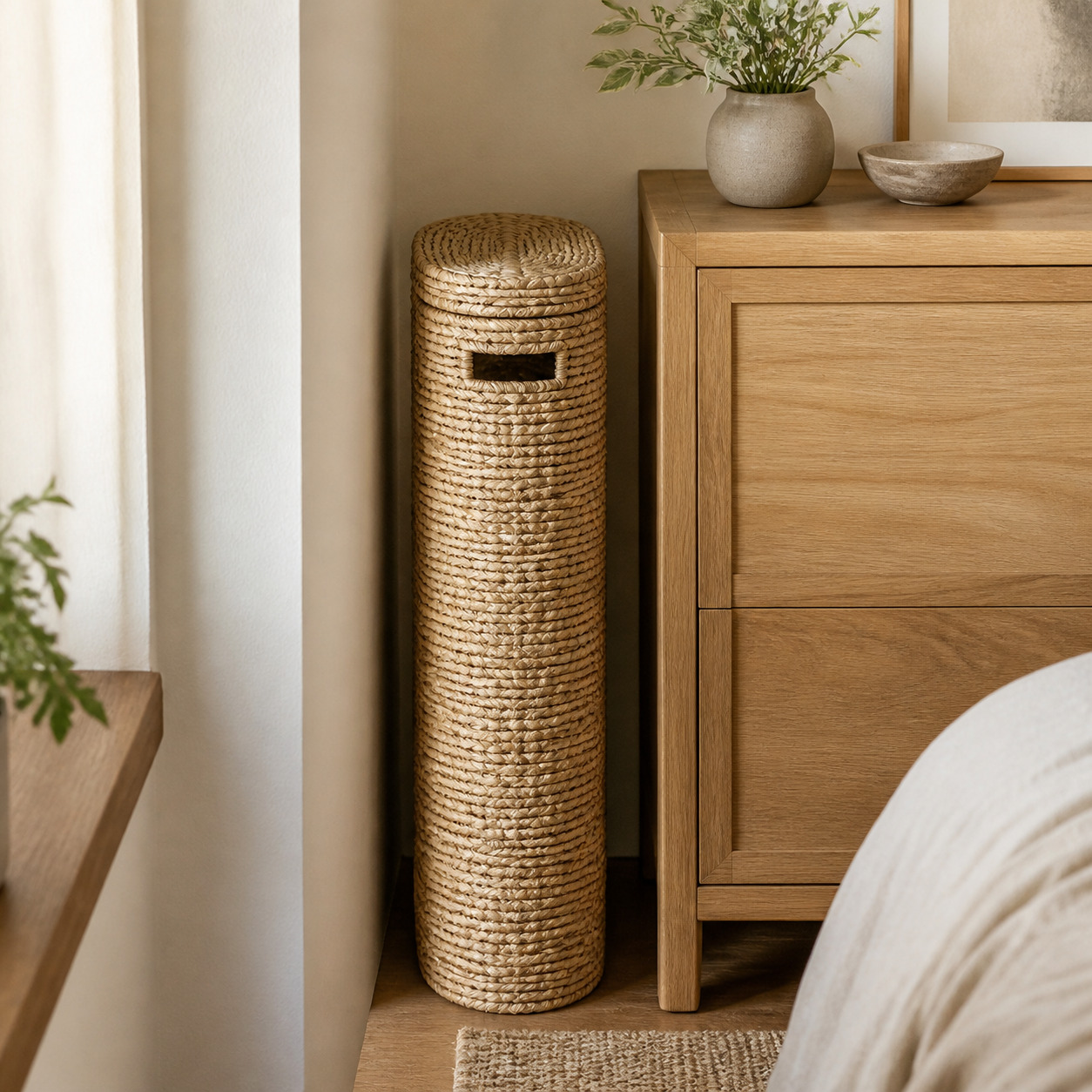A tall narrow lidded water hyacinth basket tucked into a slim gap beside a cabinet in a compact, tidy Japandi space