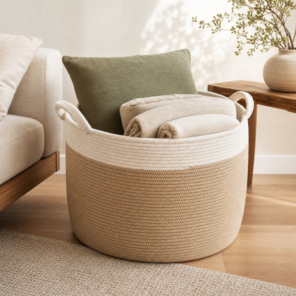 A large soft cotton rope basket on a light oak floor beside a sofa, holding folded throws, in a bright and calm Japandi living room