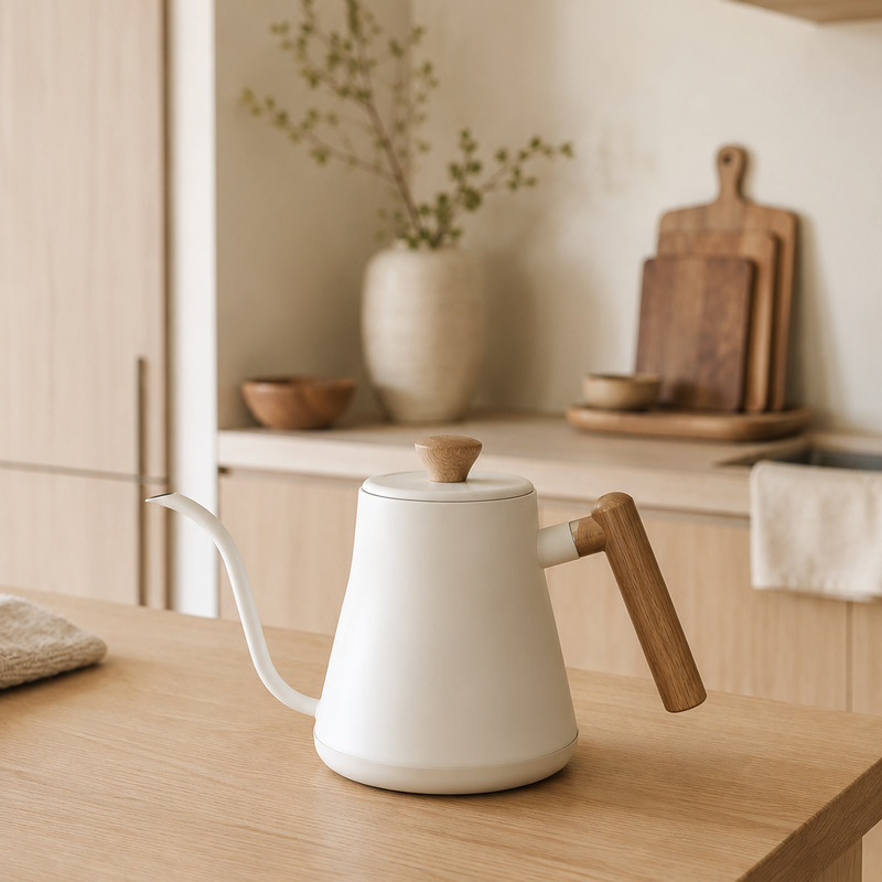 A white gooseneck kettle with a wooden handle pouring in a bright, calm Japandi kitchen morning