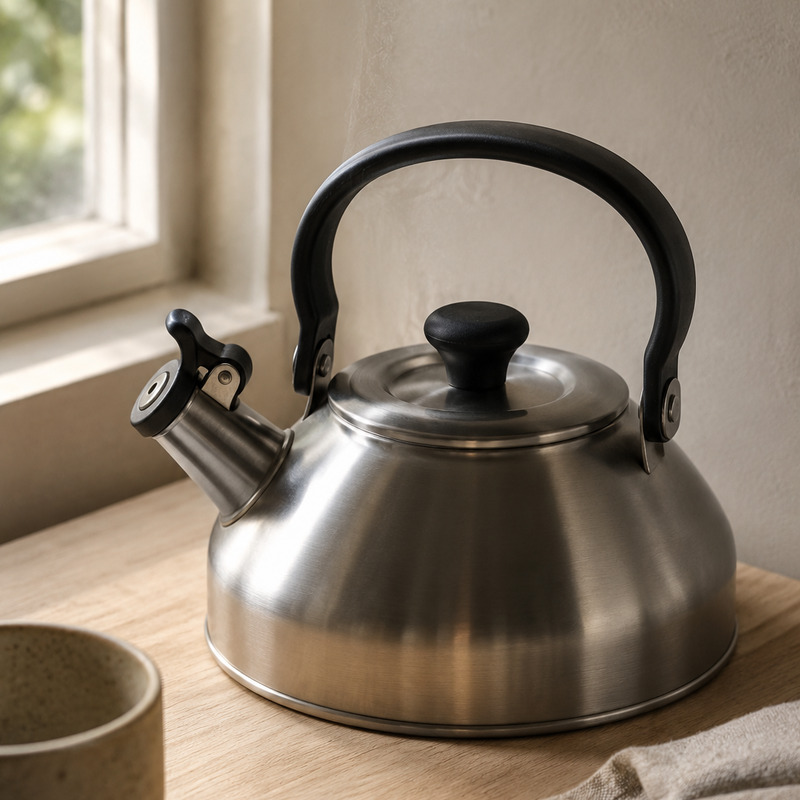 A brushed stainless kettle catching soft window light on a pale wood counter in a quiet kitchen