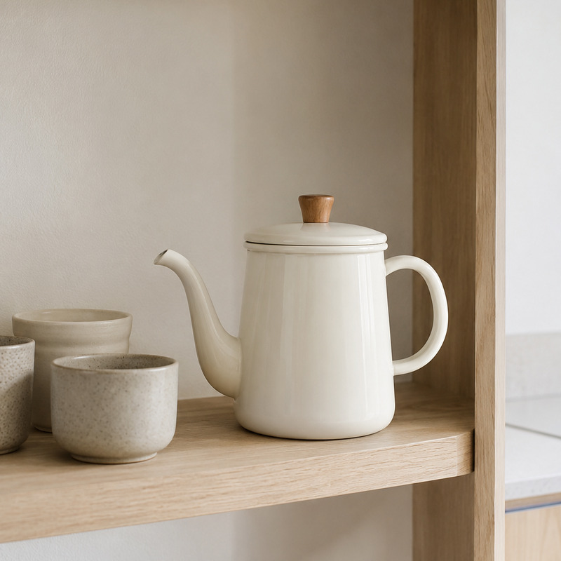 A soft white enamel kettle with a blonde wood handle on an open shelf beside ceramic cups in a warm Japandi kitchen