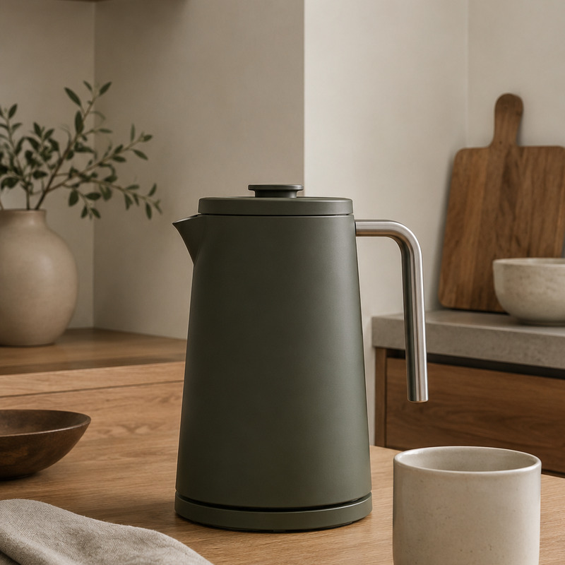 A matte moss green kettle with a steel handle on a wooden counter in soft daylight