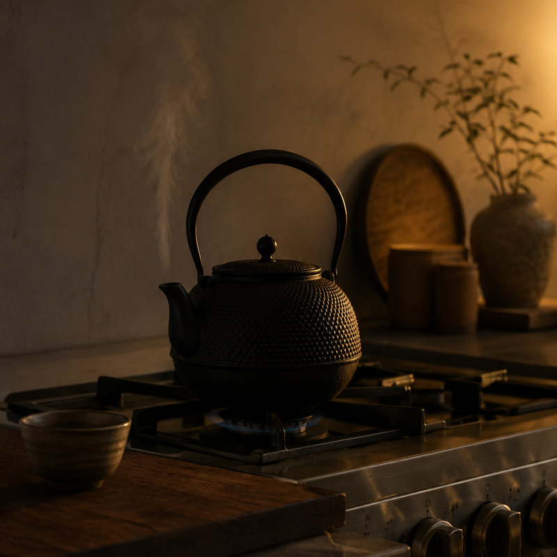 A black cast iron kettle steaming gently on a stove in a dim, warm Japandi kitchen evening